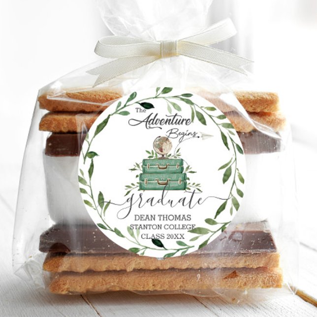 Greenery Adventure Begins Journey Graduation Favor Classic Round Sticker (greenery stacked suitcases adventure begins graduation farewell party round sticker labels favors)