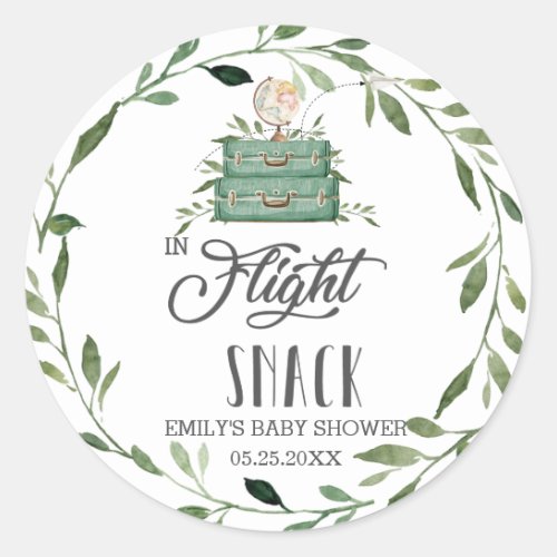 Greenery Adventure Suitcase In Flight Snack Favor  Classic Round Sticker