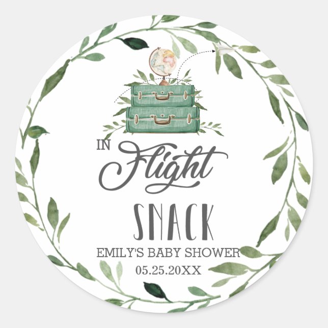 Greenery Adventure Suitcase In Flight Snack Favor  Classic Round Sticker (Front)