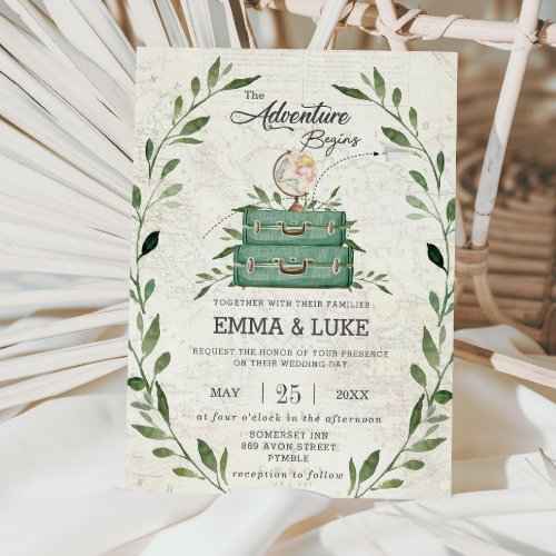 Greenery Adventure Wedding Suitcase Travel Journey Invitation