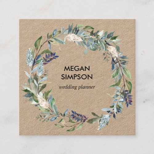 Greenery and Blue Floral Wreath Kraft Square Business Card