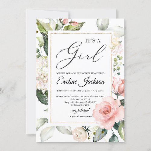 Greenery and blush floral frame gold its a girl invitation