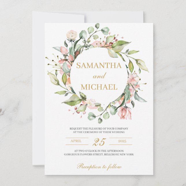 Greenery and blush pink floral boho gold wedding invitation (Front)