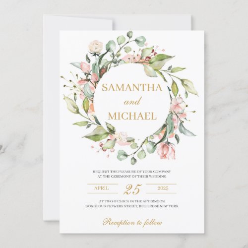 Greenery and blush pink floral boho gold wedding invitation