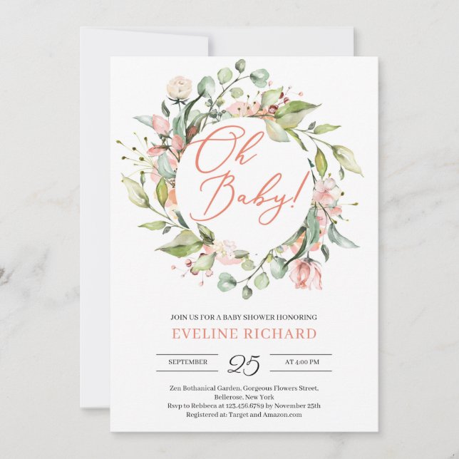 Greenery and blush pink floral wreath Oh baby Invitation (Front)