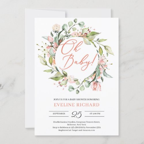 Greenery and blush pink floral wreath Oh baby Invitation