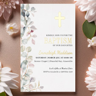 Greenery and Cross Photo Baptism Foil Invitation