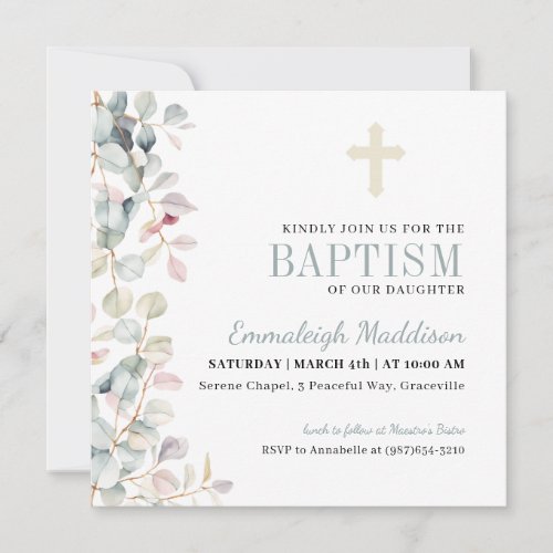 Greenery and Cross Photo Baptism Invitation