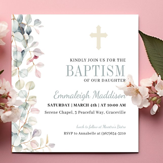 Greenery and Cross Photo Baptism Invitation (Creator Uploaded)