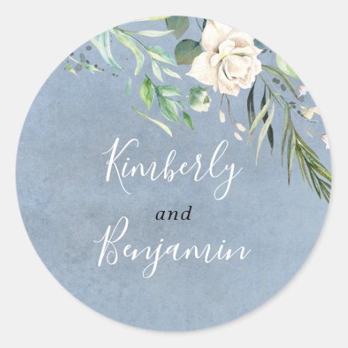 Greenery and Dusty Blue Elegant Wedding Classic Round Sticker