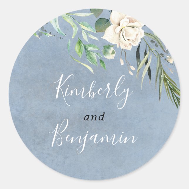 Greenery and Dusty Blue Elegant Wedding Classic Round Sticker (Front)