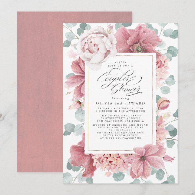 Greenery and Dusty Rose Floral Couples Shower Invitation (Front/Back)