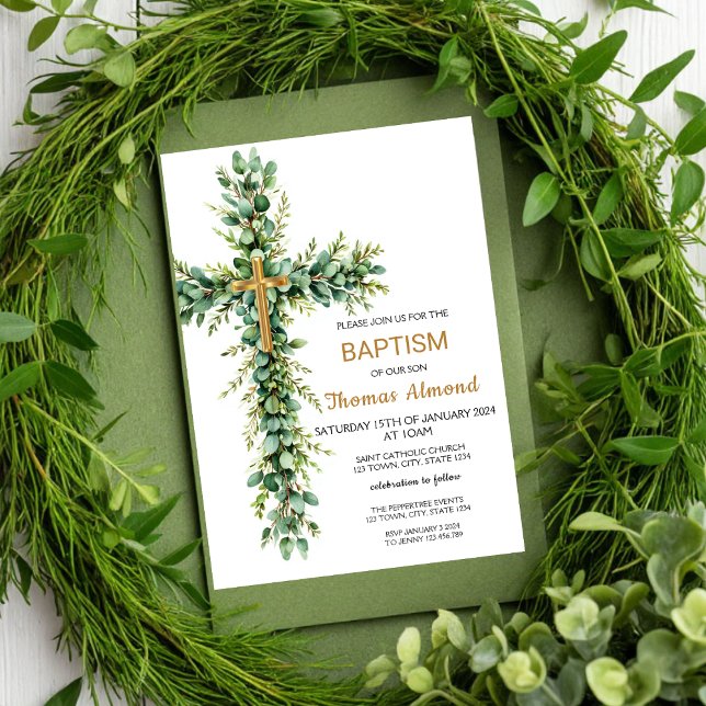 Greenery and Eucalypt Boys Gold Baptism Invitation (Creator Uploaded)