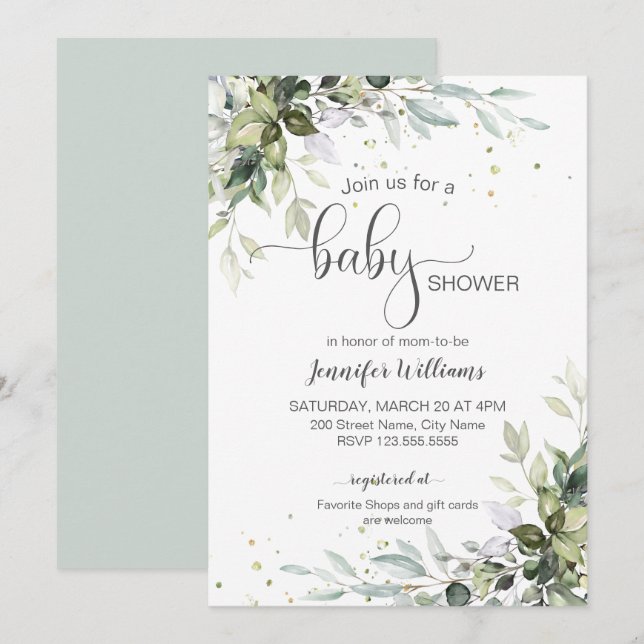 Greenery and eucalyptus baby shower invitation (Front/Back)