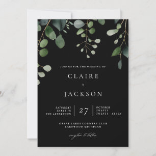 Greenery and Eucalyptus Modern Wedding Black Invitation