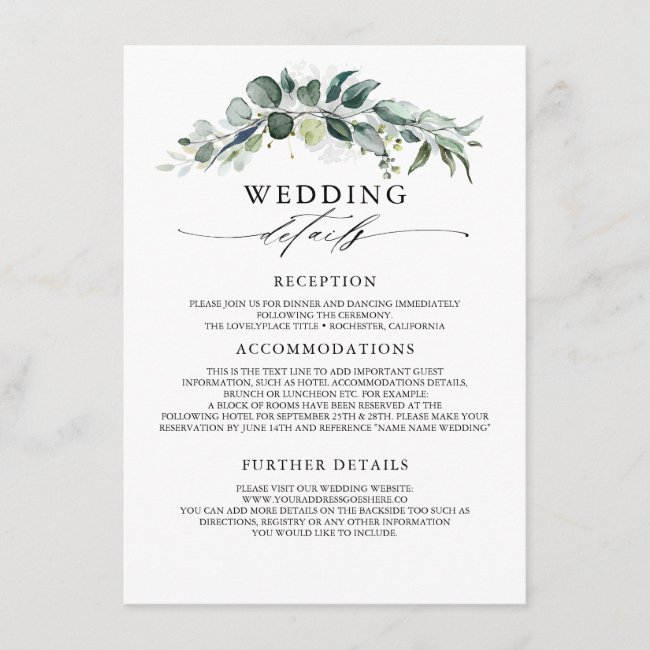 Greenery and Eucalyptus Wedding Information Guest Enclosure Card