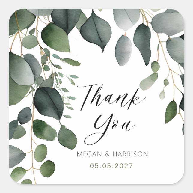 Greenery and Eucalyptus Wedding Thank You Square Sticker (Front)