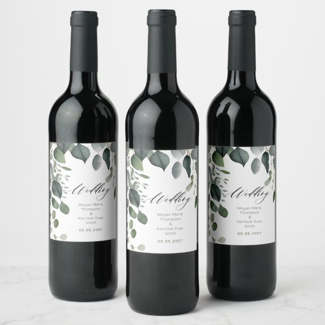 Greenery and Eucalyptus Wedding Wine Label (Bottles)