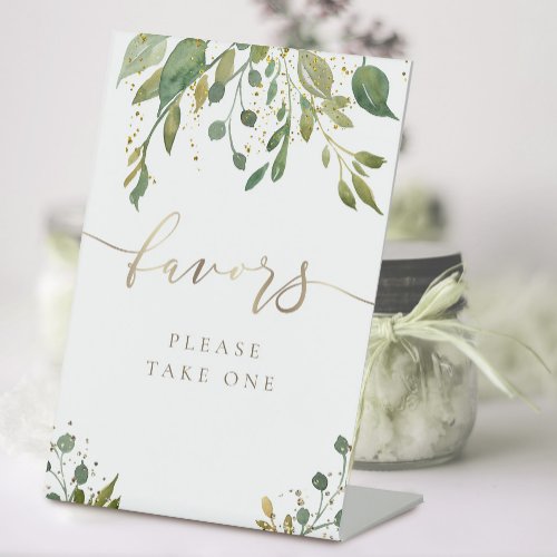 greenery and faux glitter favors pedestal sign