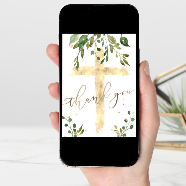 greenery and faux gold foil cross |Thank you Card (Front Digital)