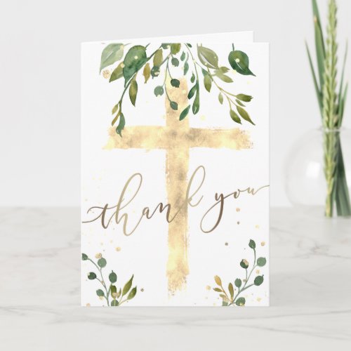 greenery and faux gold foil cross Thank you Card