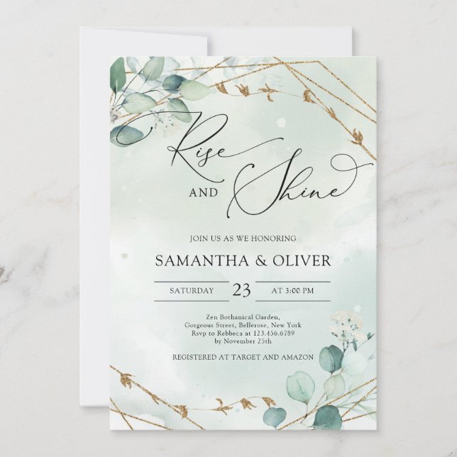 Greenery and Faux Gold Frame Rise and Shine Invitation (Front)