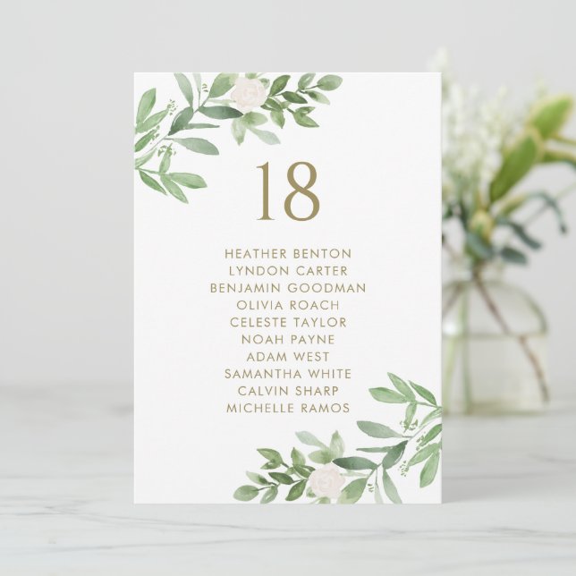 Greenery and Flowers Gold Wedding Seating Chart Announcement (Standing Front)