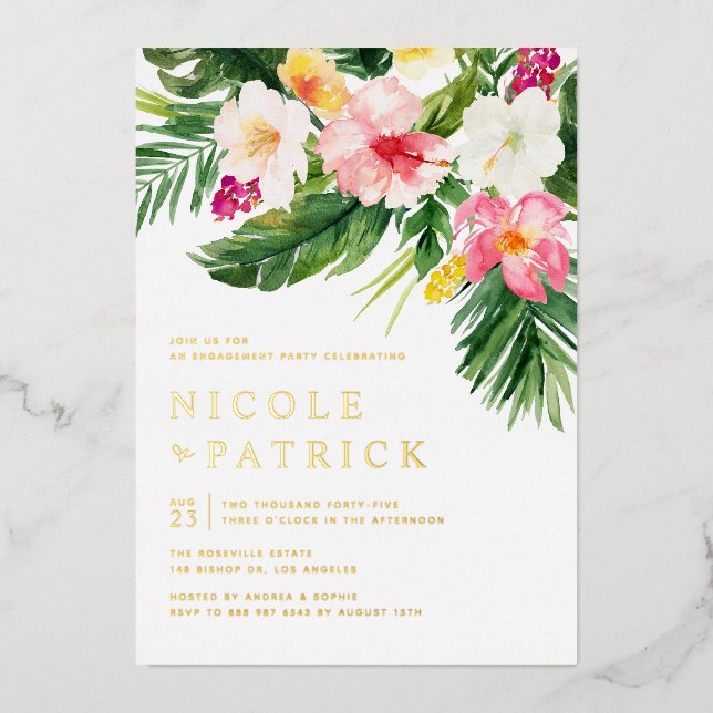 Greenery and Flowers Tropical Engagement Party Foil Invitation (Front)