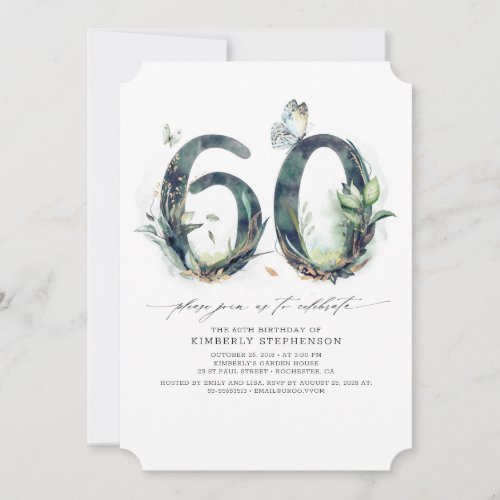 Greenery and Gold 60th Birthday Invitation