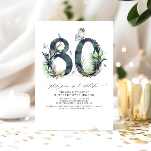 Greenery and Gold 80th Birthday Invitation