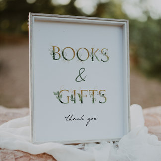 Greenery and Gold Baby Shower Books and Gifts Sign