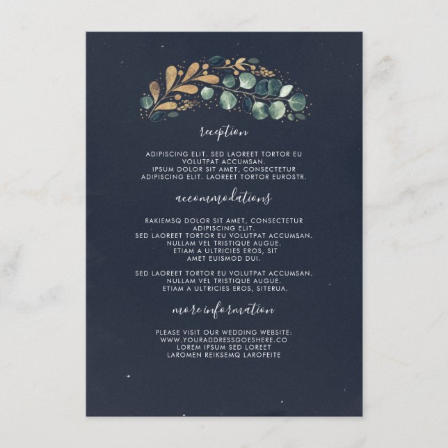 Greenery and Gold Blue Wedding Information Guest Enclosure Card (Front)