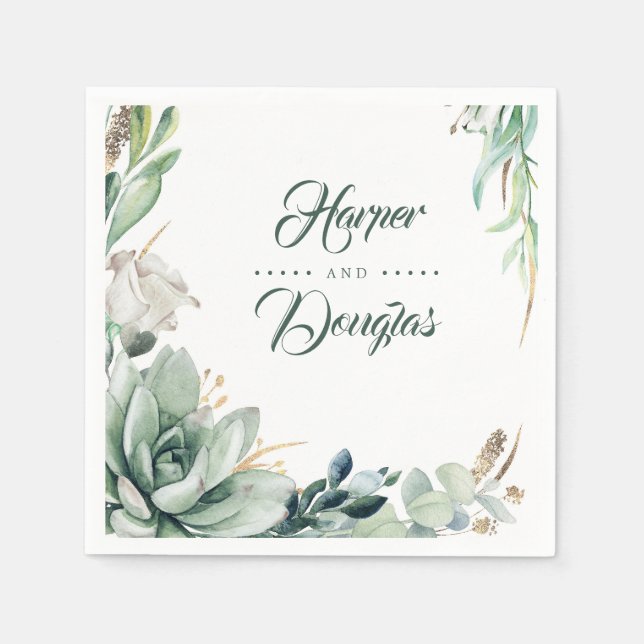 Greenery and Gold Botanical Elegant Wedding Napkins (Front)