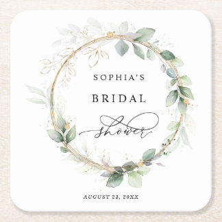 Greenery and Gold Bridal Shower  Square Paper Coaster