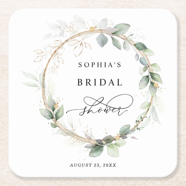 Greenery and Gold Bridal Shower  Square Paper Coaster (Front)