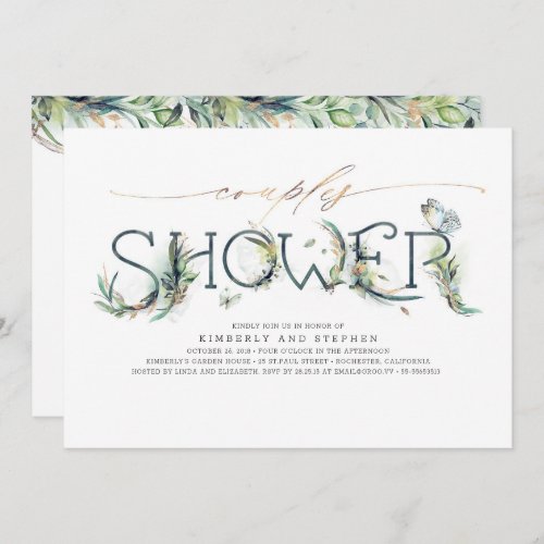 Greenery and Gold Calligraphy Couples Shower Invitation