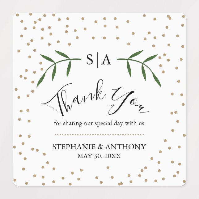 Greenery and Gold Confetti Wedding Thank You Labels (Design 1)