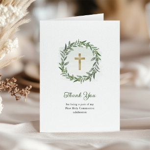 Greenery and Gold Cross   First Holy Communion Letterpress Thank You Card