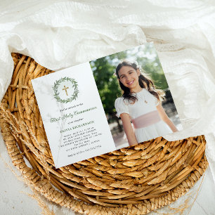 Greenery and Gold Cross Photo First Holy Communion Invitation