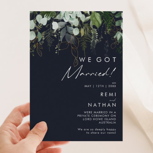 Greenery and Gold Dark Navy Elopement Announcement