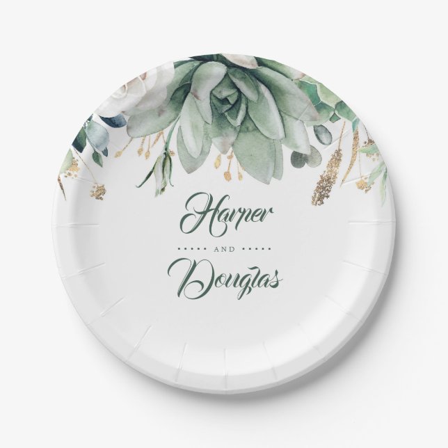 Greenery and Gold Elegant Garden Wedding Paper Plates (Front)