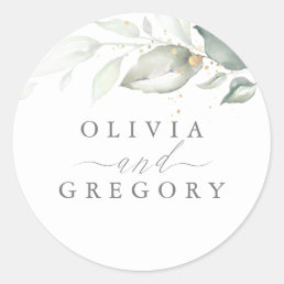Greenery and Gold Elegant Romantic Wedding Classic Round Sticker