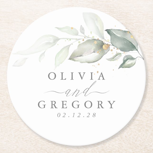 Greenery and Gold Elegant Romantic Wedding Round Paper Coaster (Front)