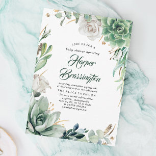 Greenery and Gold   Elegant Summer Baby Shower Invitation