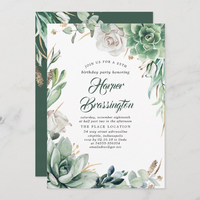 Greenery and Gold | Elegant Summer Birthday Party Invitation (Front/Back)