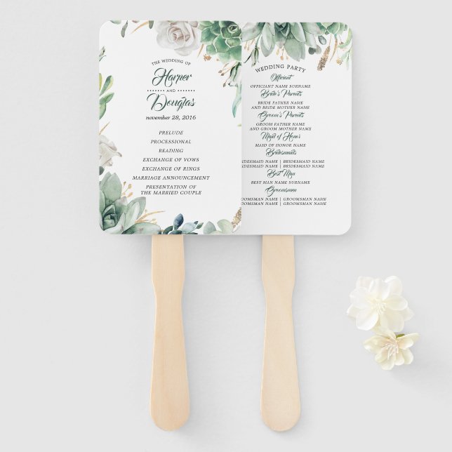 Greenery and Gold Elegant Wedding Program Hand Fan (Front and Back)