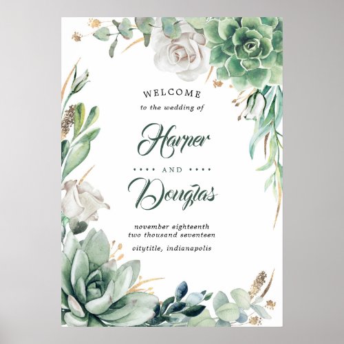 Greenery and Gold Elegant Wedding Welcome Sign