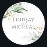 Greenery and Gold Eucalyptus Wedding Classic Round Sticker<br><div class="desc">Greenery and gold wedding stickers</div>