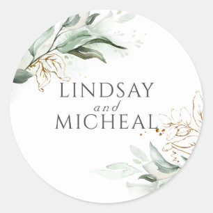 Greenery and Gold Eucalyptus Wedding Classic Round Sticker