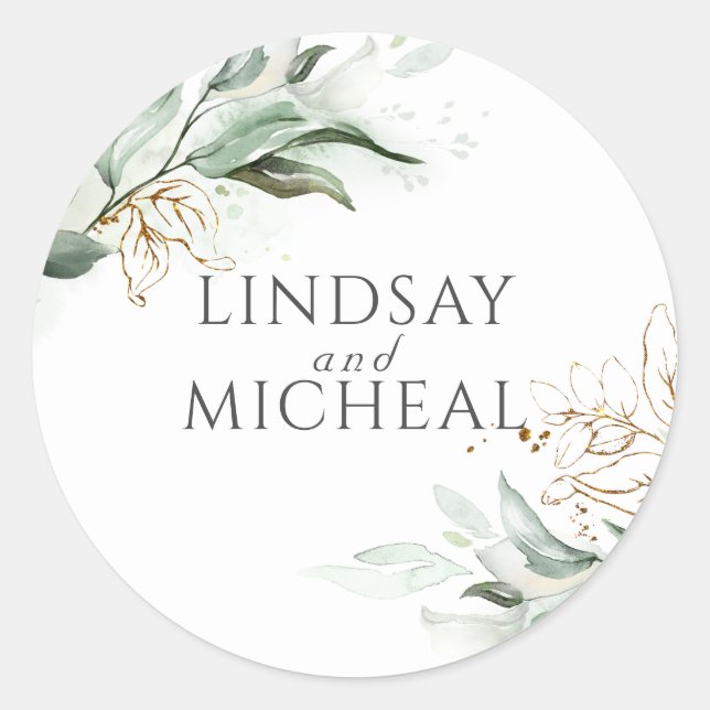 Greenery and Gold Eucalyptus Wedding Classic Round Sticker (Front)